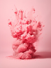 Wall Mural - A large colorful powder is falling out of the cloud and exploding on a pink surface.	
