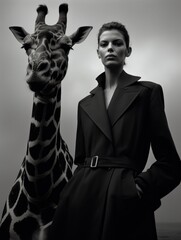 Canvas Print - A woman standing next to a giraffe. Elegant black and white photography. Generative AI.