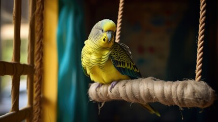 Canvas Print - A yellow and green parrot sitting on a rope. Generative AI.