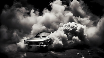 black and white image of a black car, in an explosion of smoke, on a black background	