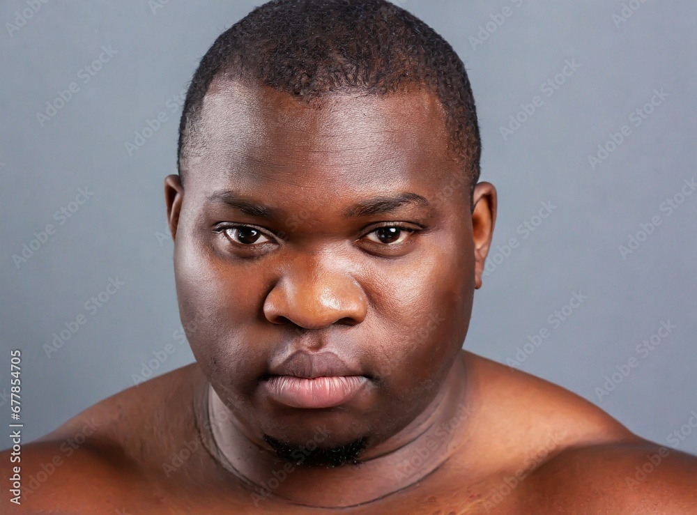 Muscular Chubby African American Guy Shirtless Isolated On Grey 
