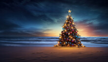 Illustration Of A Decorated Christmas Tree In Front Of A Beach In Sunset, As Concept For Christmas Holidays At The Beach