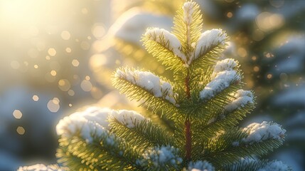 Wall Mural - christmas evergreen tree branch in snow festive bokeh lights in background