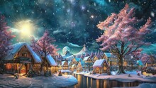 Snowfall On Christmas Village And Stream