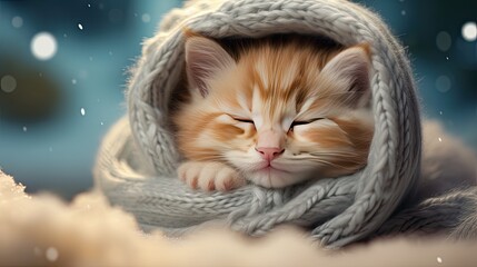 a cute kitten peacefully sleeping, wrapped in a warm knitted sweater, in a serene winter park, falling snow, ample copy space to convey the concept with pets.