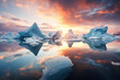 Icebergs and ice floes on the water at sunset, stunning polar landscape