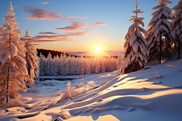 Sticker - winter landscape with snow, trees and sun