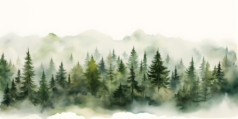 Watercolor illustration of pine tree forest with fog, abstract background