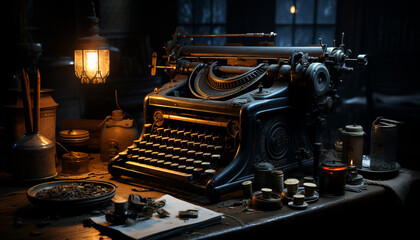 Fototapete - An old fashioned typewriter on a rusty table, a nostalgic relic generated by AI