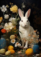 Fairytale Rabbit Surrounded By Flowers. Gorgeous Illustrations Of Characteristic Animal Portraits In The Style Of Colorful Assemblages Of The 1940s, The Helsinki School, Yellow And Aquamarine Colors