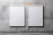 © Prasanth - Empty plastered concrete grungy wall with a blank mockup photo frame. Front view of white poster. Interior and studio concept. generative illustration.