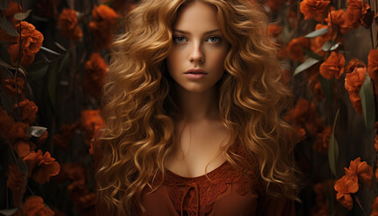 Poster - Beautiful woman with long blond hair in nature generated by AI