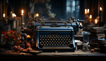 Fototapete - Old typewriter on antique table, nostalgia of old fashioned literature generated by AI
