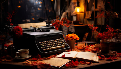 Fototapete - Old fashioned typewriter on antique table, paper and nostalgia fill the room generated by AI