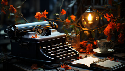 Fototapete - Old fashioned typewriter on rustic wooden table, a symbol of nostalgia generated by AI