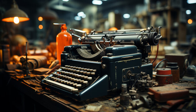Typewriter machinery, old metal close up Antique working industry, obsolete occupation generated by AI