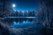 The enchanting sight of a moonlit lake, its surface aglow with silvery reflections