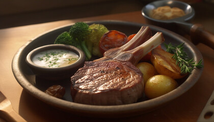 Canvas Print - Grilled sirloin steak with fresh vegetables, ready to eat and delicious generated by AI