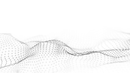 Poster - Digital dynamic wave of particles and lines. Abstract white futuristic background. Big data visualization. 3D rendering.