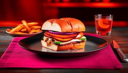 Unhealthy American lunch cheeseburger, fries, and cola on table generated by AI