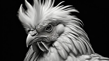 Wall Mural - Close-up portrait of a rooster in monochrome style. The domestic bird is looking at something. Illustration for cover, card, postcard, interior design, decor or print.