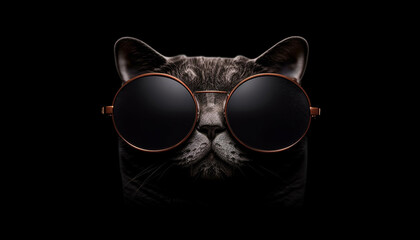 Poster - Cute kitten with sunglasses looking at camera on black background generated by AI