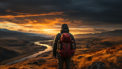 Wall Mural - Men hiking mountain peak, enjoying nature beauty in sunset glow generated by AI