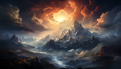 Wall Mural - Majestic mountain peak silhouettes against tranquil sunset sky generated by AI