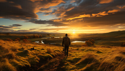 Wall Mural - One person hiking, enjoying the sunset on a mountain peak generated by AI