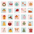 Christmas advent calendar for kids with numbers winter holiday elements and decorations in pastel colors. Printable advent stickers, gift tags. Christmas countdown.