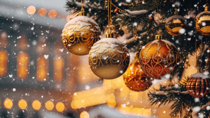 Wall Mural - Christmas tree festive city background with golden bokeh with space for text