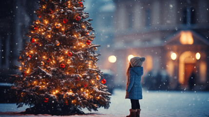 Wall Mural - A little girl stands on the square and looks at a beautiful Christmas tree with space for text