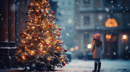 Wall Mural - A little girl stands on the square and looks at a beautiful Christmas tree with space for text