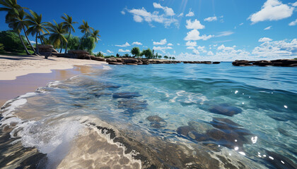 Sticker - Tropical coastline, turquoise waters, palm trees, serene beauty generated by AI