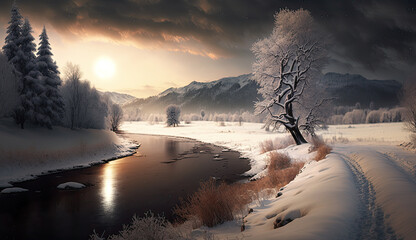 Sticker - Winter landscape with snow, ice and lake