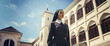 Young nun catholic missionary - portrait with convent monastery or church building on a sunny day. Generative AI