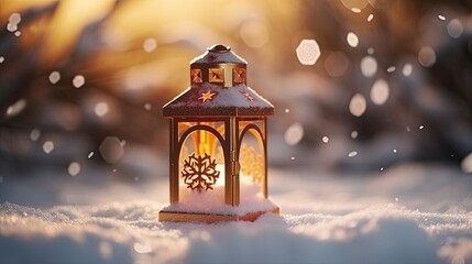 Wall Mural - Christmas Lantern On Snow With Fir Branch, ai generative