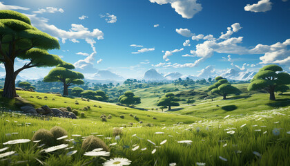 Poster - Tranquil meadow, green tree, blue sky, mountain peak, serene landscape generated by AI