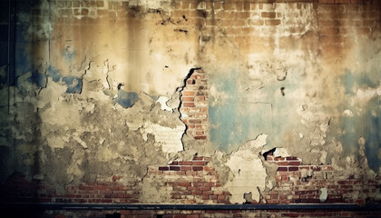 Poster - Rusty brick wall with abstract pattern creates weathered backdrop generated by AI