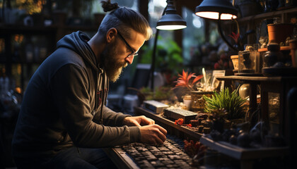 Canvas Print - A mature adult businessman sitting indoors, working on his laptop generated by AI