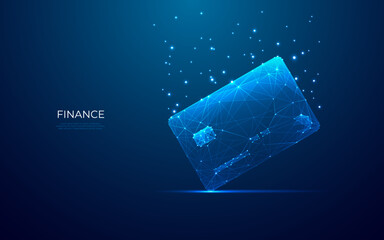 Poster - Abstract bank credit card on technology dark blue background. Payment element in futuristic hologram style. Digital money and crypto metaphor. Finance concept. Low poly wireframe vector illustration.