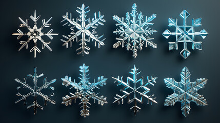 Wall Mural - Set of different snowflakes isolated on white background. Macro photo of real snow crystals.
