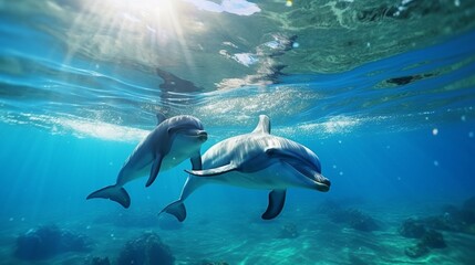 Wall Mural - clip of dolphins swimming in the ocean under the water