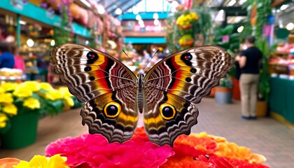 Sticker - Vibrant butterfly pollinates fragile purple daisy in natural beauty generated by AI