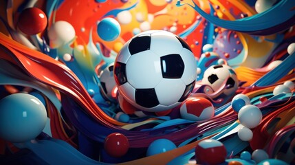 Poster - illustration of a soccer ball surrounded by colorful bubbles, AI