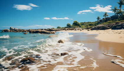 Sticker - Tropical coastline, blue water, tranquil sunset, palm tree generated by AI