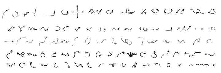 Poster - Brush stroke set of black arrows. Collection hand drawn arrows. Charcoal arrows vector icons set. Arrows set isolated on white background.