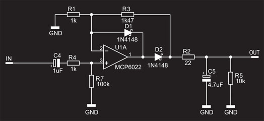 Schematic diagram of electronic device. 
Vector drawing electrical circuit with operational amplifier, 
resistor, capacitor, diode and other components.