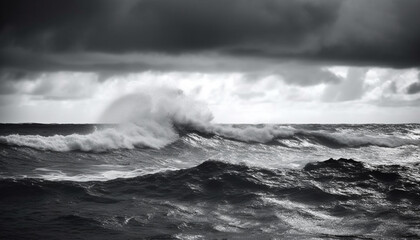 Poster - Ominous storm cloud breaking over rough seascape, motion and awe generated by AI