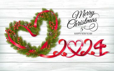 Aufkleber - Happy Holiday background. Branches of Christmas Tree with berries the shape of a heart and  numbers 2024 made from red ribbon. Vector.